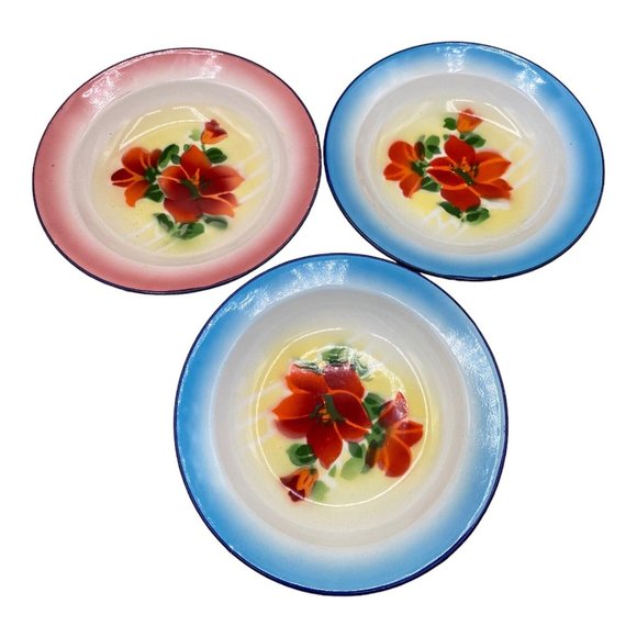Gold Fish Brand Other - Gold Fish Brand Enamel 8” Plates Blue Pink and Red Flowers LOT 3